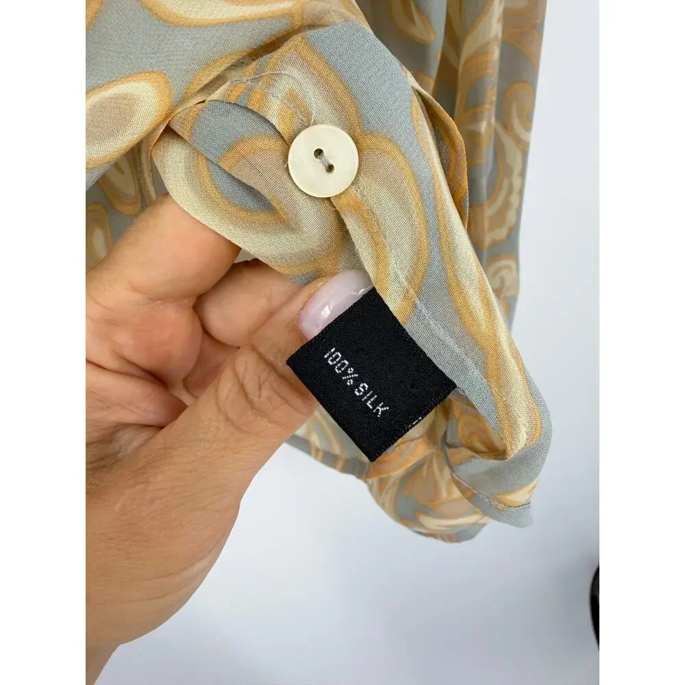 Ellen Tracy 100% Silk Blouse Womens 16 Sage Blue Baroque Button Front Classic - Picture 6 of 12